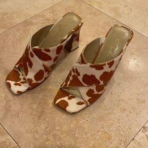 42 Gold, square toe, block heeled Saldana Cow Print Sandal